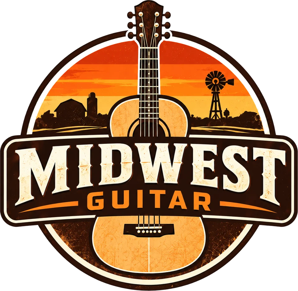 Midwest Guitar badge: an acoustic guitar over a farm at sunset